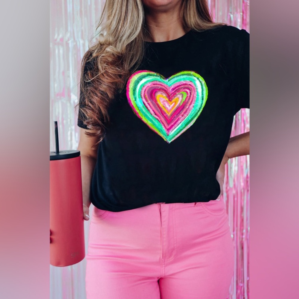 Black Valentine Heart Shaped Print Crew Neck T Shirt